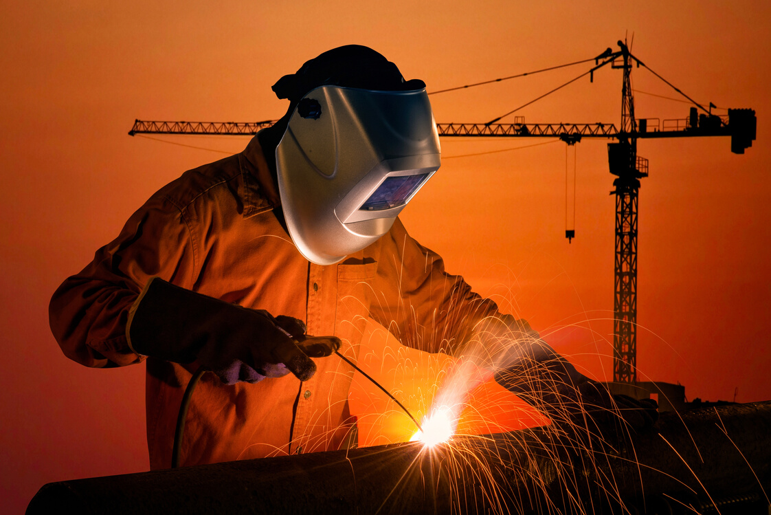 Welding worker welding steel structure